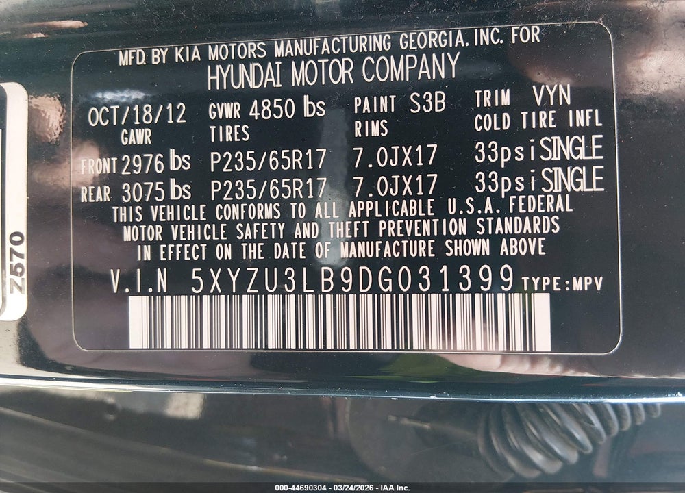 2013 HYUNDAI SANTA FE SPORT VIN: 5XYZU3LB9DG031399