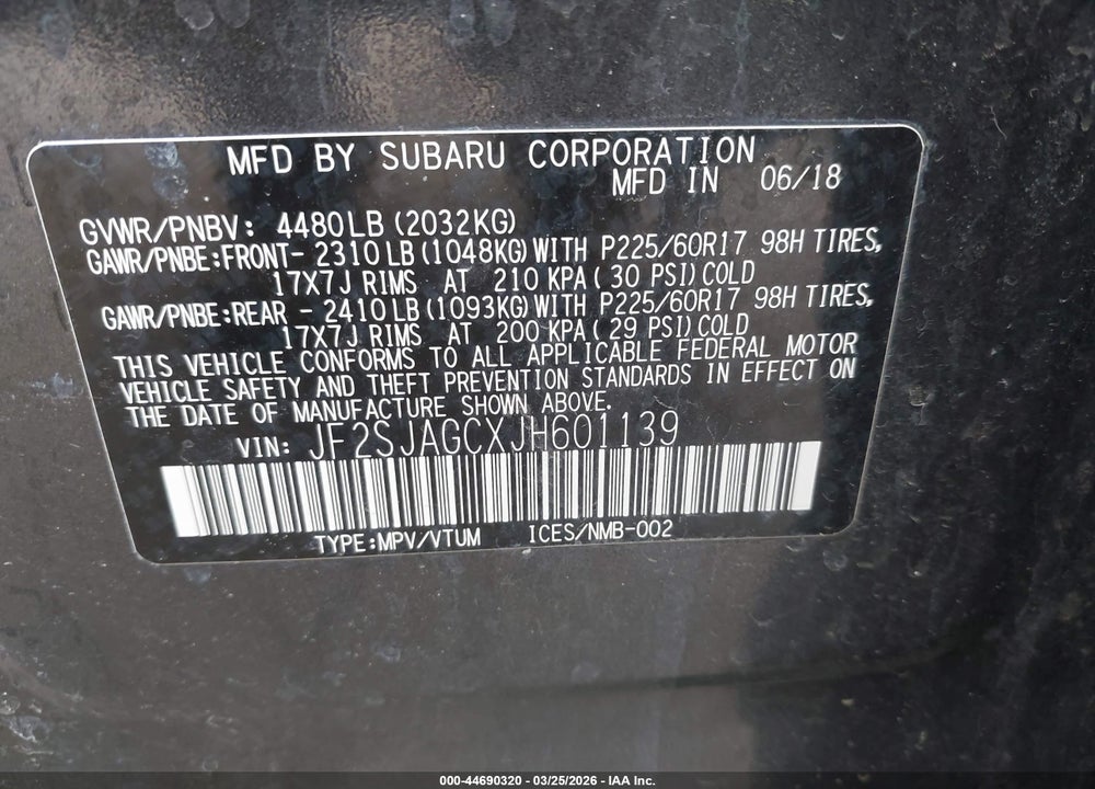 2018 SUBARU FORESTER 2.5I PREMIUM VIN: JF2SJAGCXJH601139