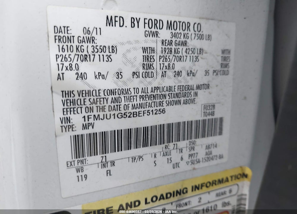 2011 FORD EXPEDITION XL VIN: 1FMJU1G52BEF51256