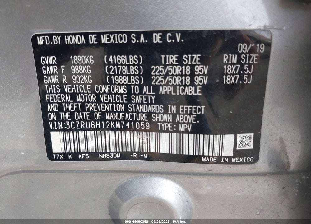 2019 HONDA HR-V SPORT VIN: 3CZRU6H12KM741059