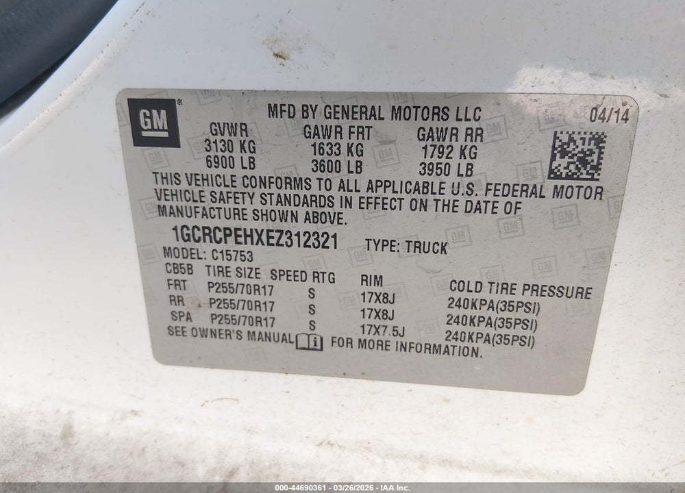 2014 CHEVROLET SILVERADO 1500 WORK TRUCK 1WT VIN: 1GCRCPEHXEZ312321