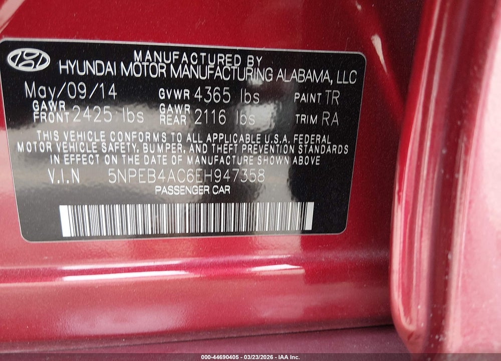 2014 HYUNDAI SONATA GLS VIN: 5NPEB4AC6EH947358