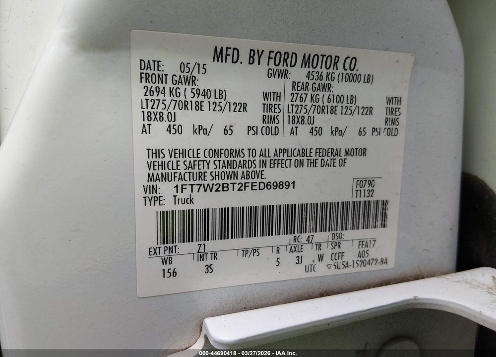 2015 FORD F-250 XLT VIN: 1FT7W2BT2FED69891