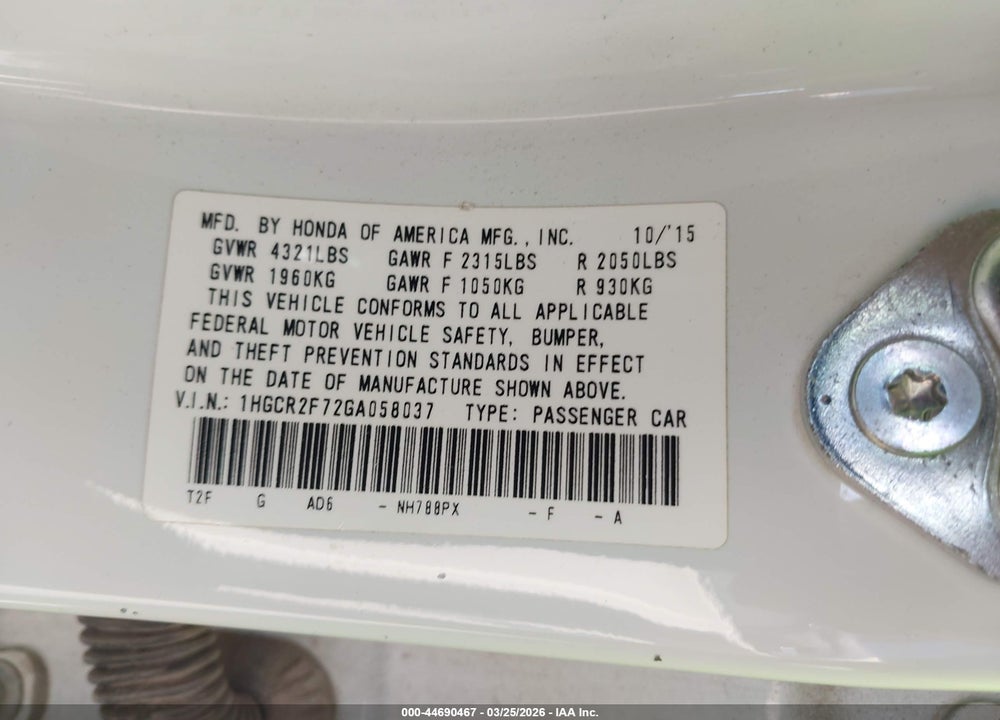 2016 HONDA ACCORD EX VIN: 1HGCR2F72GA058037