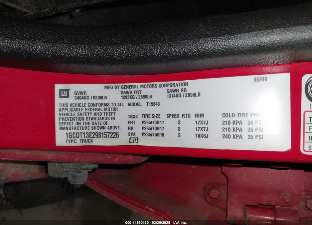 2009 CHEVROLET COLORADO LT VIN: 1GCDT13E298157226