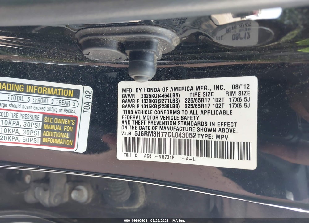 2012 HONDA CR-V EX-L VIN: 5J6RM3H77CL043052