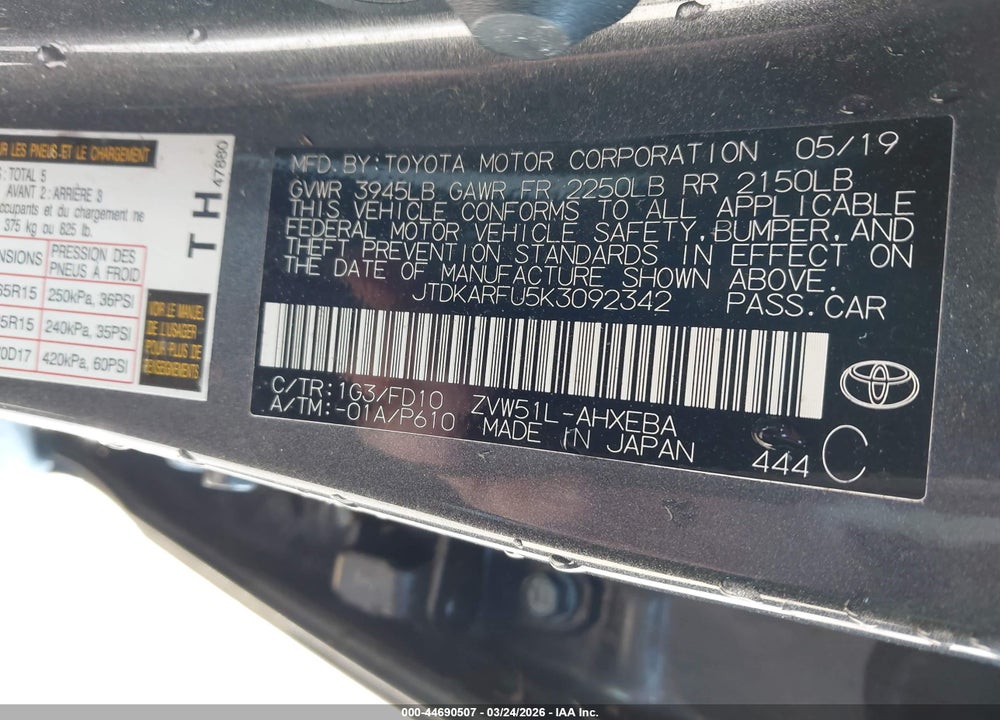 2019 TOYOTA PRIUS LE VIN: JTDKARFU5K3092342