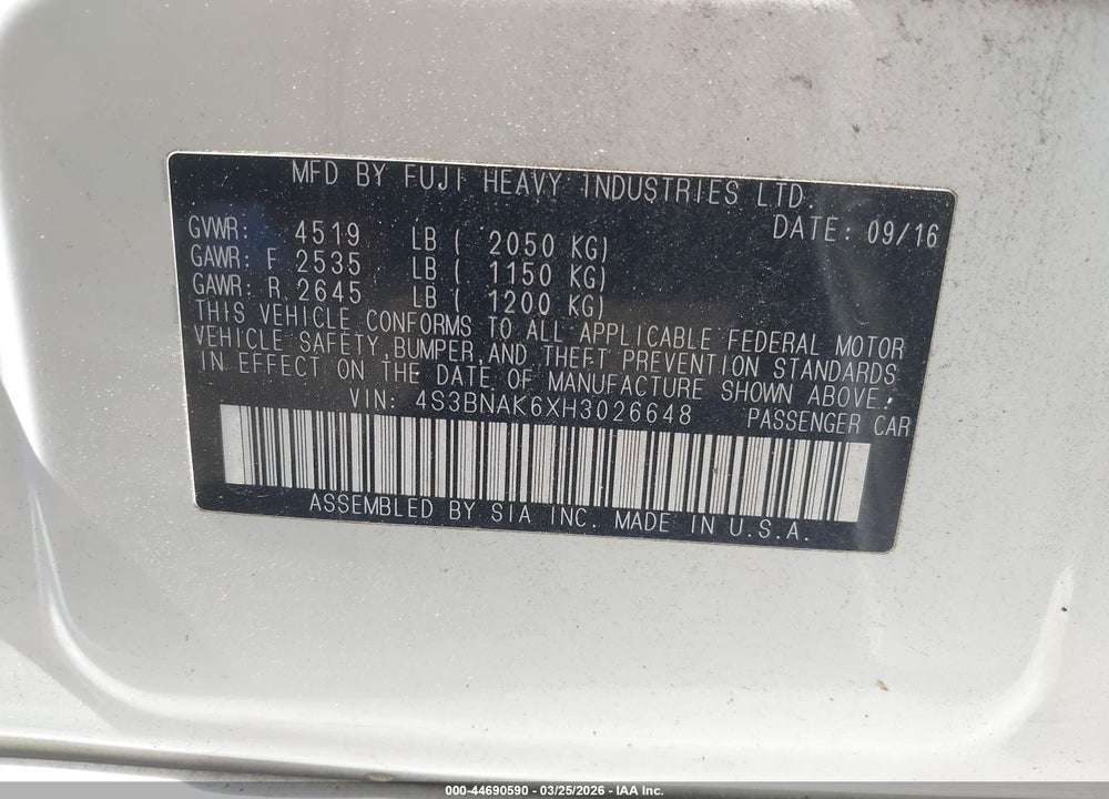 2017 SUBARU LEGACY 2.5I LIMITED VIN: 4S3BNAK6XH3026648