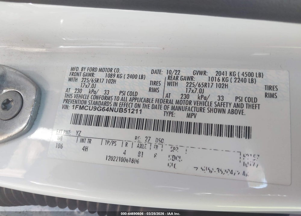2022 FORD ESCAPE SE VIN: 1FMCU9G64NUB51211