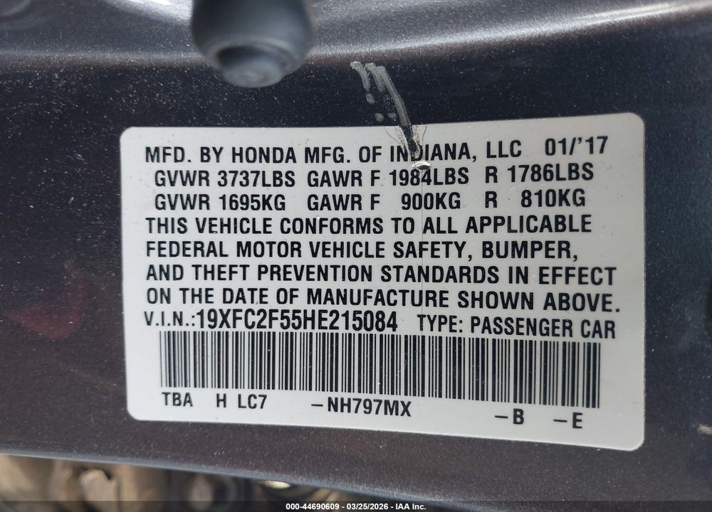 2017 HONDA CIVIC LX VIN: 19XFC2F55HE215084
