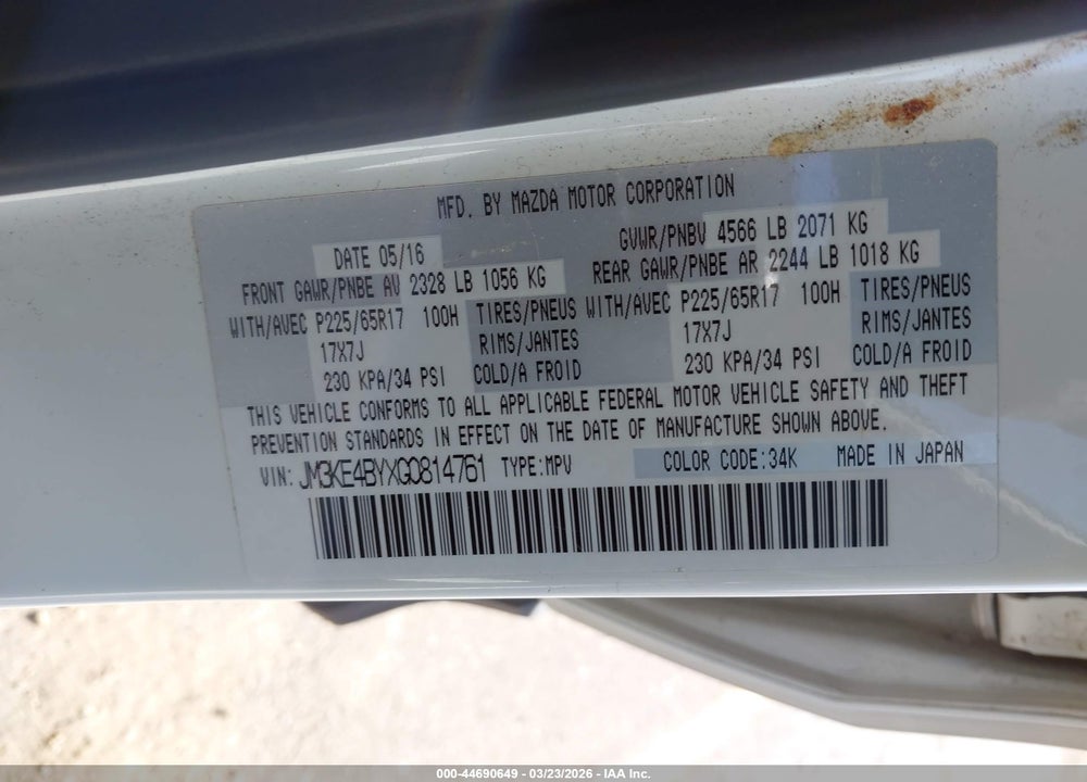 2016 MAZDA CX-5 SPORT VIN: JM3KE4BYXG0814761