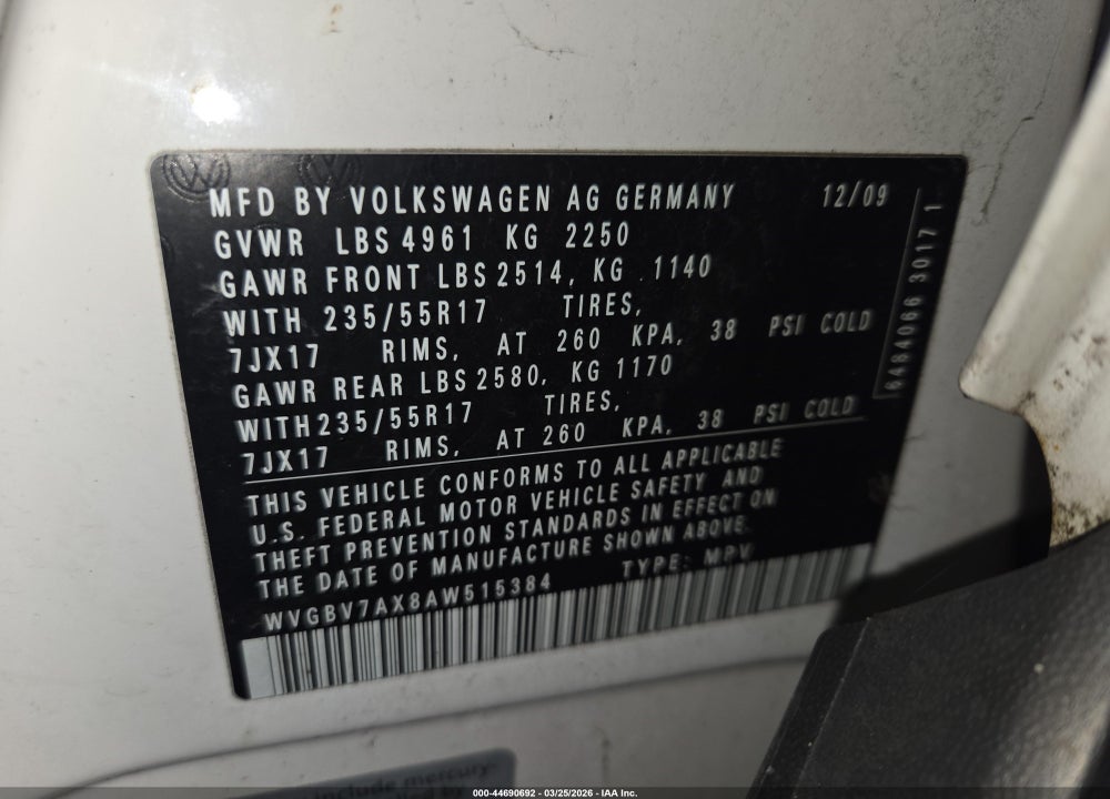 2010 VOLKSWAGEN TIGUAN WOLFSBURG EDITION VIN: WVGBV7AX8AW515384