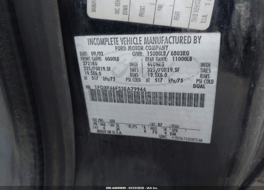 2003 FORD F-450 XL/XLT VIN: 1FDXF46F53EA79944