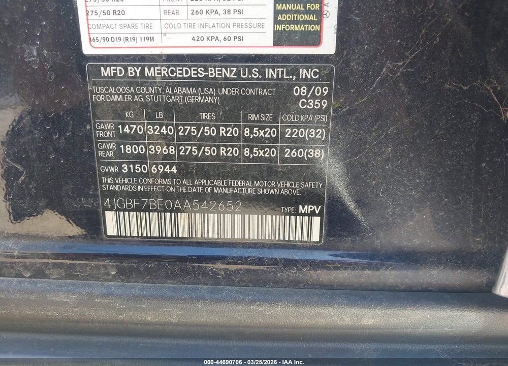 2010 MERCEDES-BENZ GL 450 4MATIC VIN: 4JGBF7BE0AA542652
