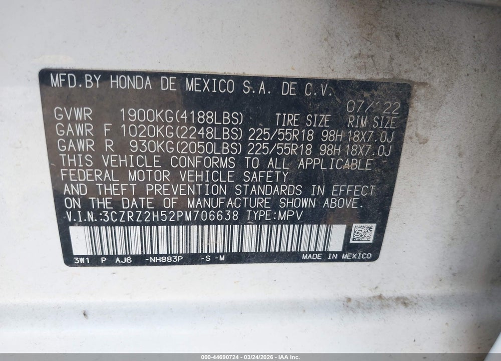 2023 HONDA HR-V AWD SPORT VIN: 3CZRZ2H52PM706638