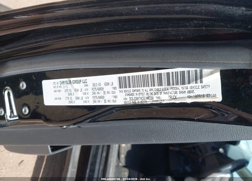2012 RAM 1500 ST VIN: 3C6JD6ATXCG144330