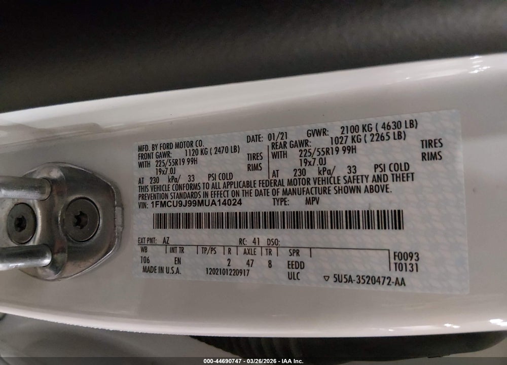 2021 FORD ESCAPE TITANIUM VIN: 1FMCU9J99MUA14024