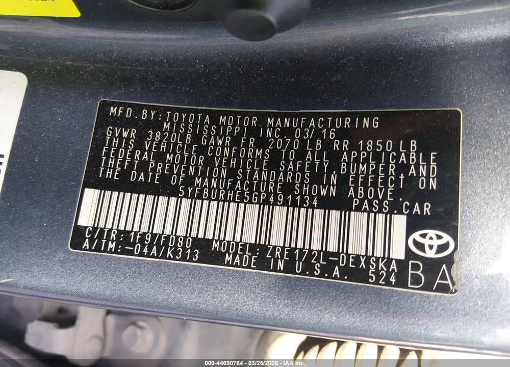2016 TOYOTA COROLLA S PLUS VIN: 5YFBURHE5GP491134