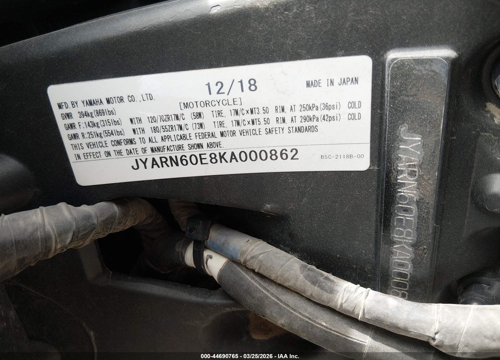 2019 YAMAHA MTT09 VIN: JYARN60E8KA000862