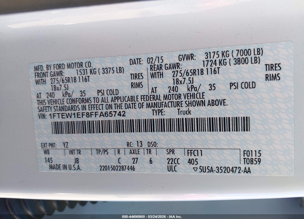 2015 FORD F-150 XLT VIN: 1FTEW1EF8FFA65742