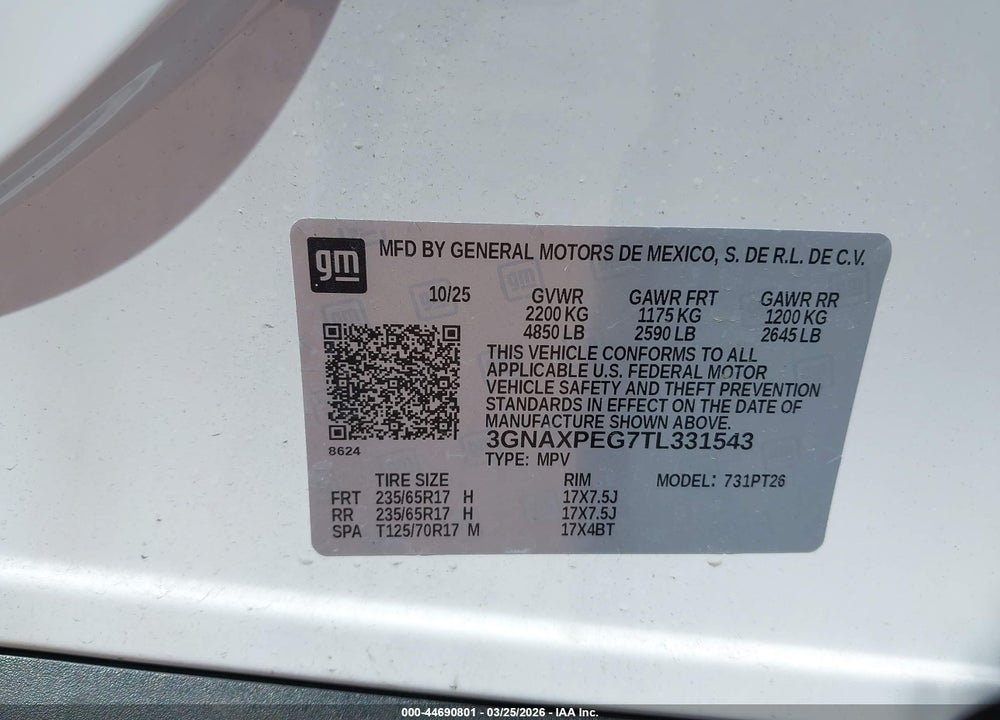2026 CHEVROLET EQUINOX AWD LT VIN: 3GNAXPEG7TL331543