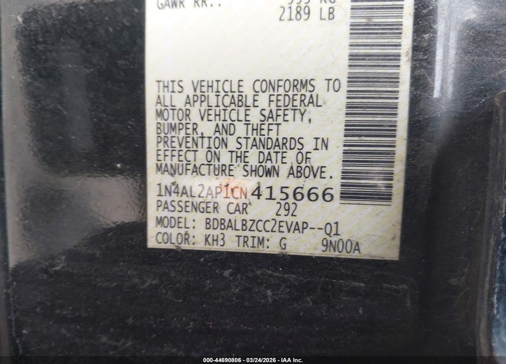 2012 NISSAN ALTIMA 2.5 S VIN: 1N4AL2AP1CN415666