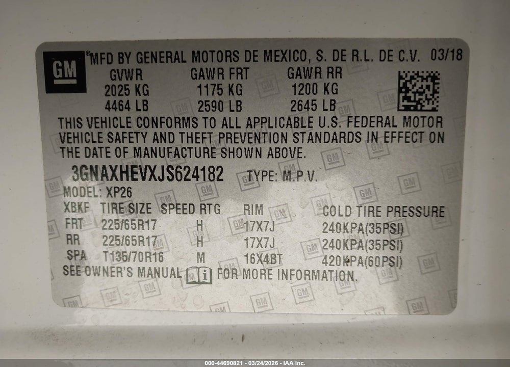 2018 CHEVROLET EQUINOX LS VIN: 3GNAXHEVXJS624182