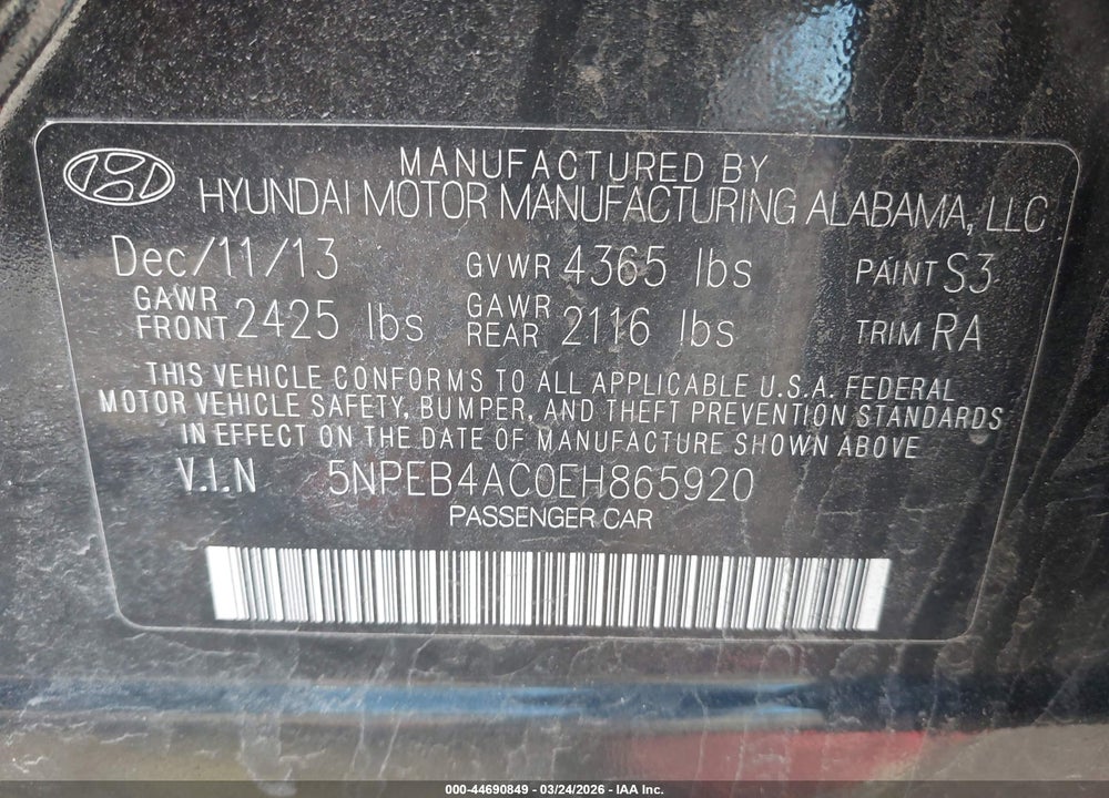 2014 HYUNDAI SONATA GLS VIN: 5NPEB4AC0EH865920