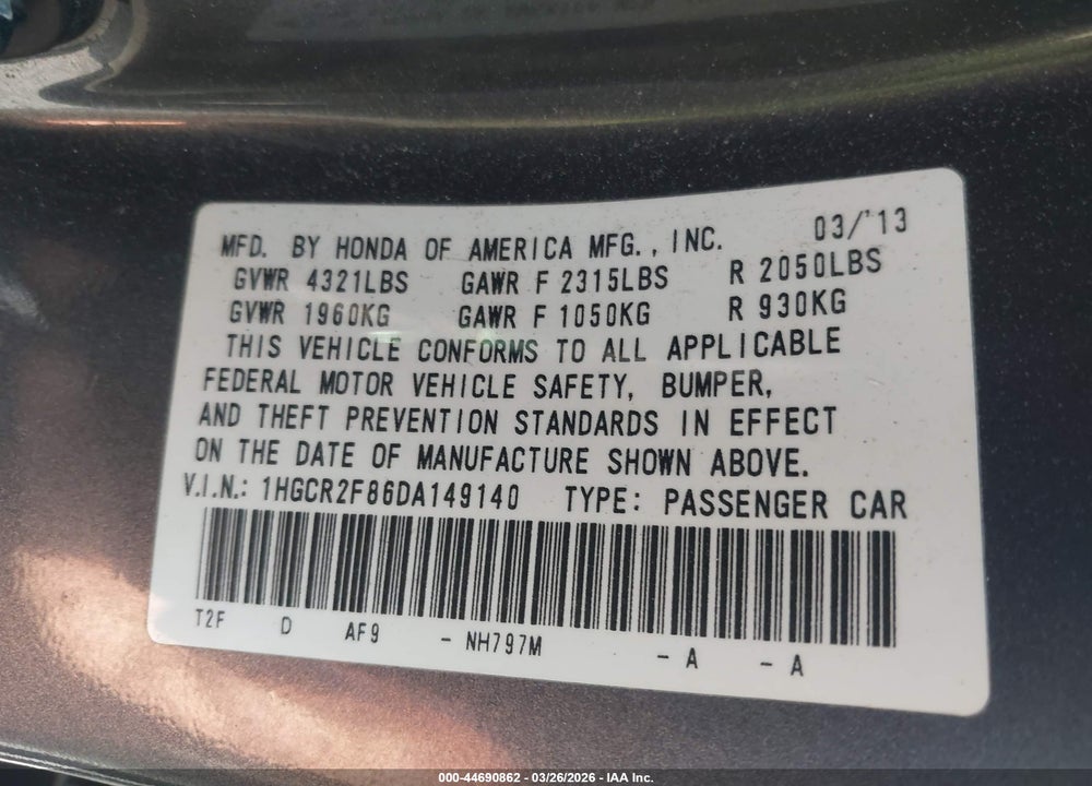 2013 HONDA ACCORD EX-L VIN: 1HGCR2F86DA149140