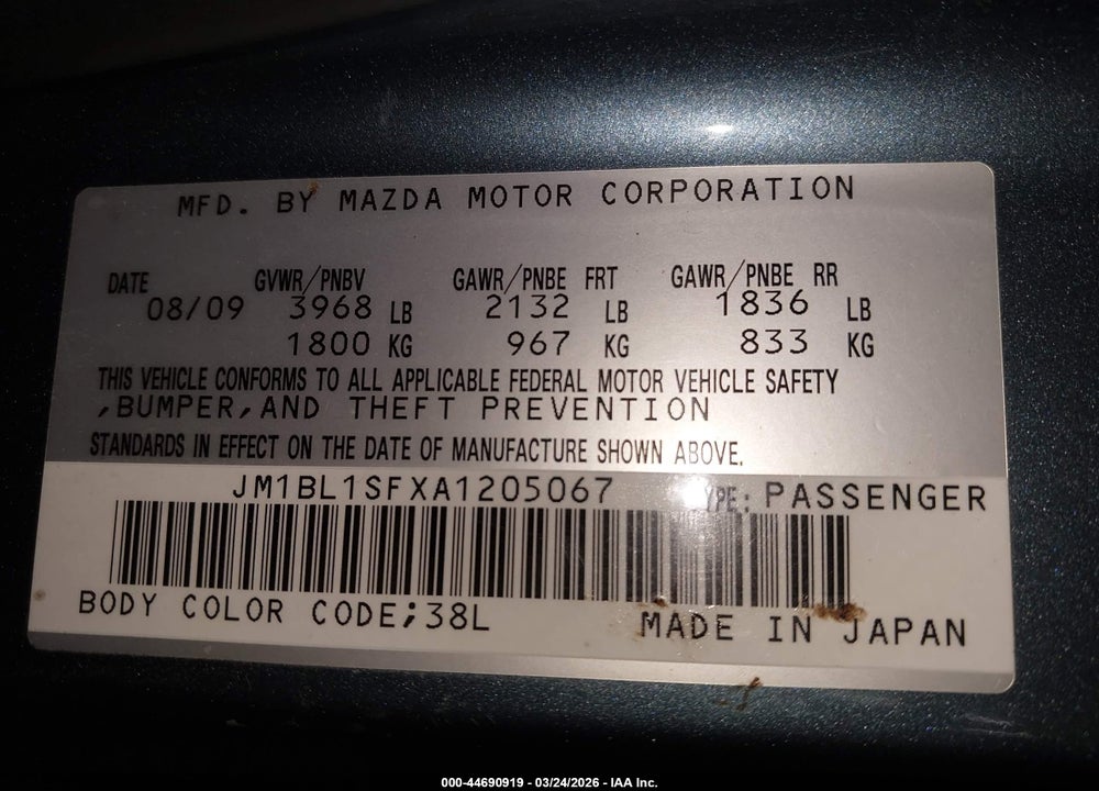 2010 MAZDA 3 I TOURING VIN: JM1BL1SFXA1205067