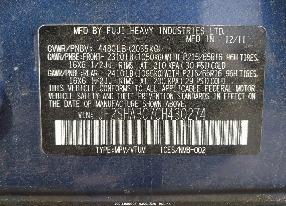 2012 SUBARU FORESTER 2.5X VIN: JF2SHABC7CH430274