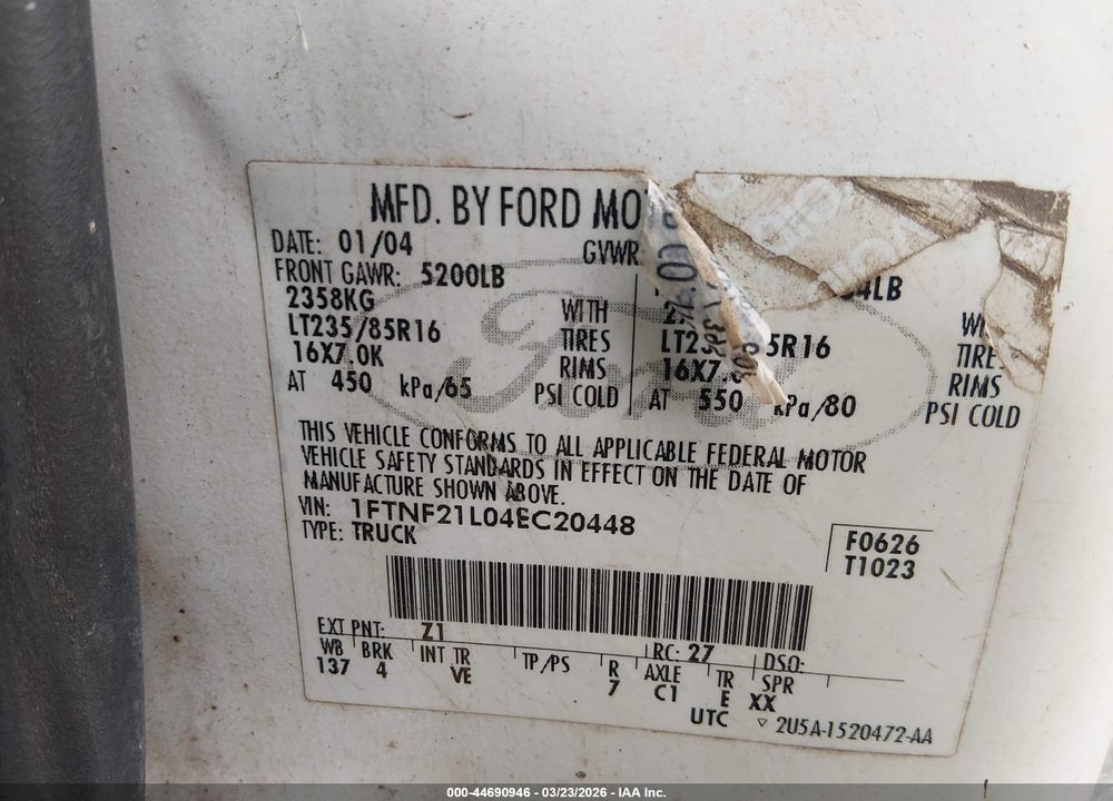 2004 FORD F-250 XL/XLT VIN: 1FTNF21L04EC20448