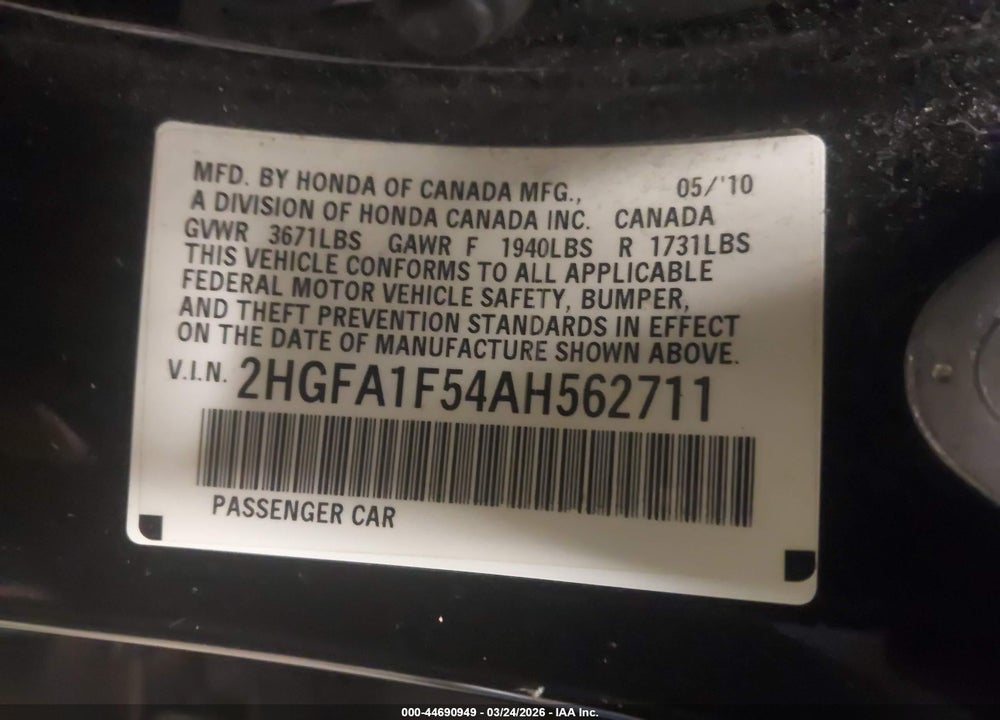 2010 HONDA CIVIC LX VIN: 2HGFA1F54AH562711