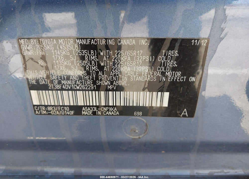 2012 TOYOTA RAV4 VIN: 2T3BF4DV1CW262291