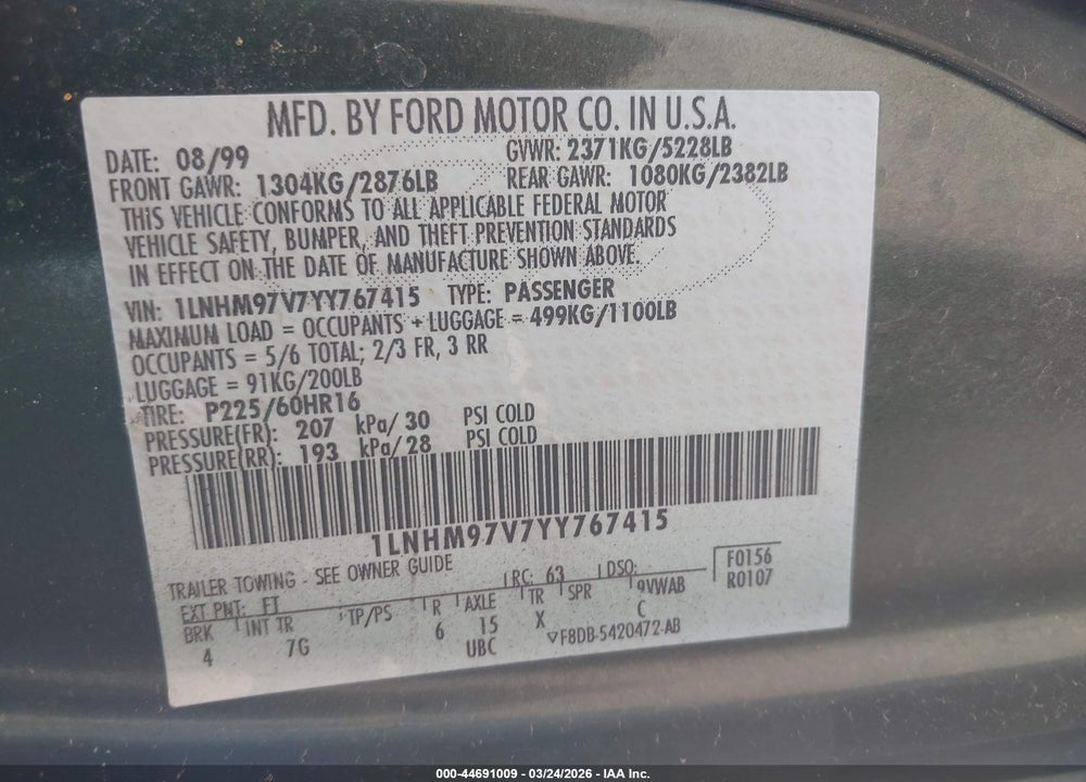 2000 LINCOLN CONTINENTAL VIN: 1LNHM97V7YY767415