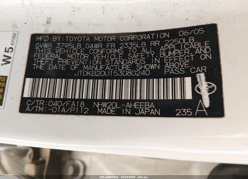 2005 TOYOTA PRIUS VIN: JTDKB20U153080240