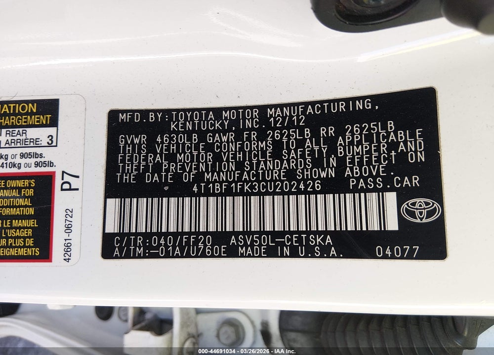 2012 TOYOTA CAMRY SE VIN: 4T1BF1FK3CU202426