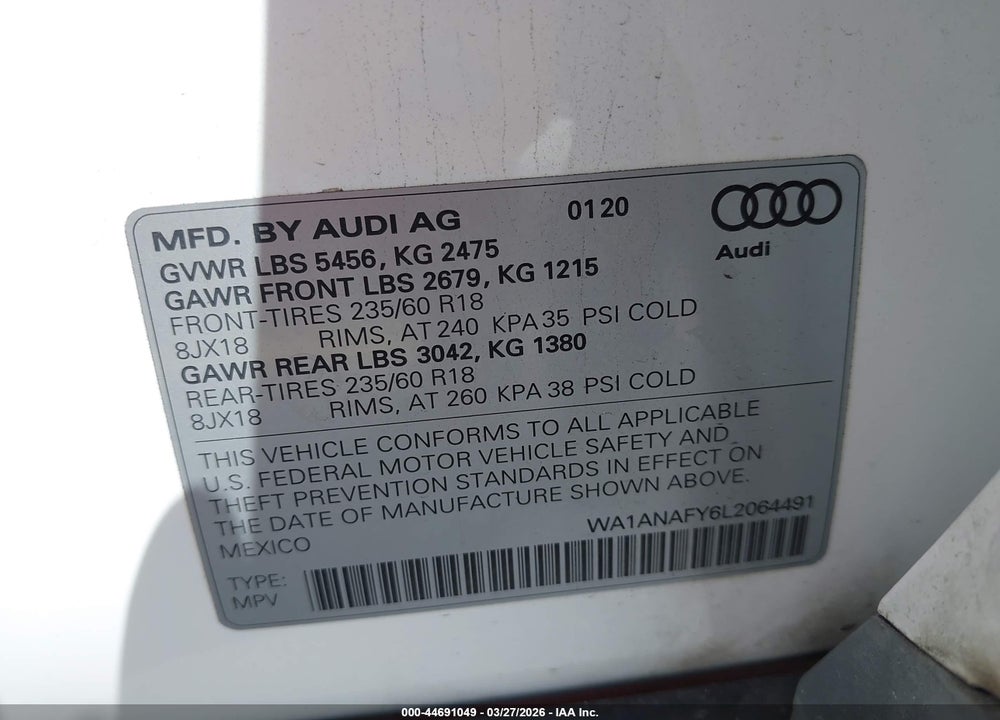 2020 AUDI Q5 PREMIUM 45 TFSI QUATTRO S TRONIC VIN: WA1ANAFY6L2064491