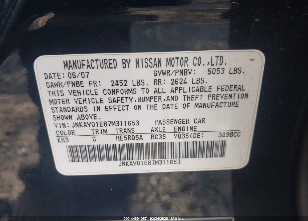 2007 INFINITI M35 VIN: JNKAY01E87M311653