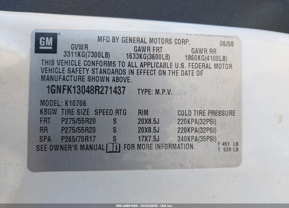 2008 CHEVROLET TAHOE LTZ VIN: 1GNFK13048R271437