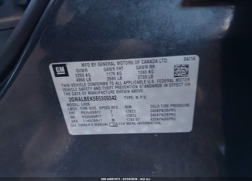 2014 CHEVROLET EQUINOX 1LT VIN: 2GNALBEK5E6309342