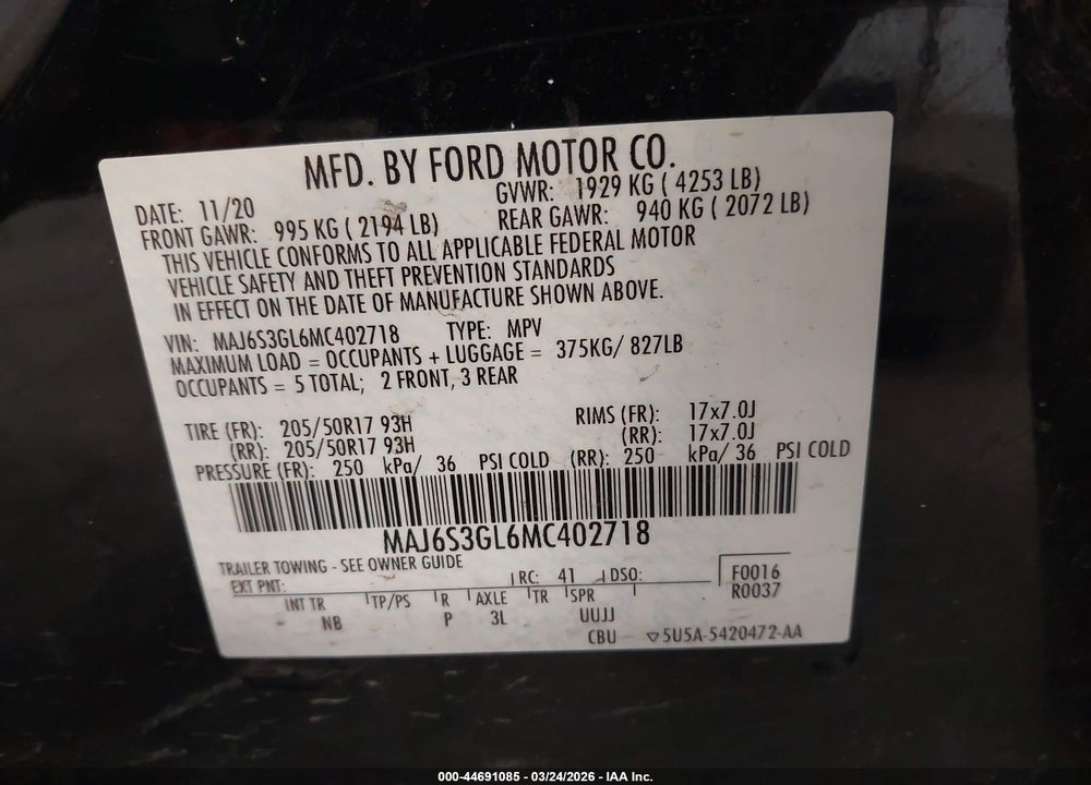 2021 FORD ECOSPORT SE VIN: MAJ6S3GL6MC402718