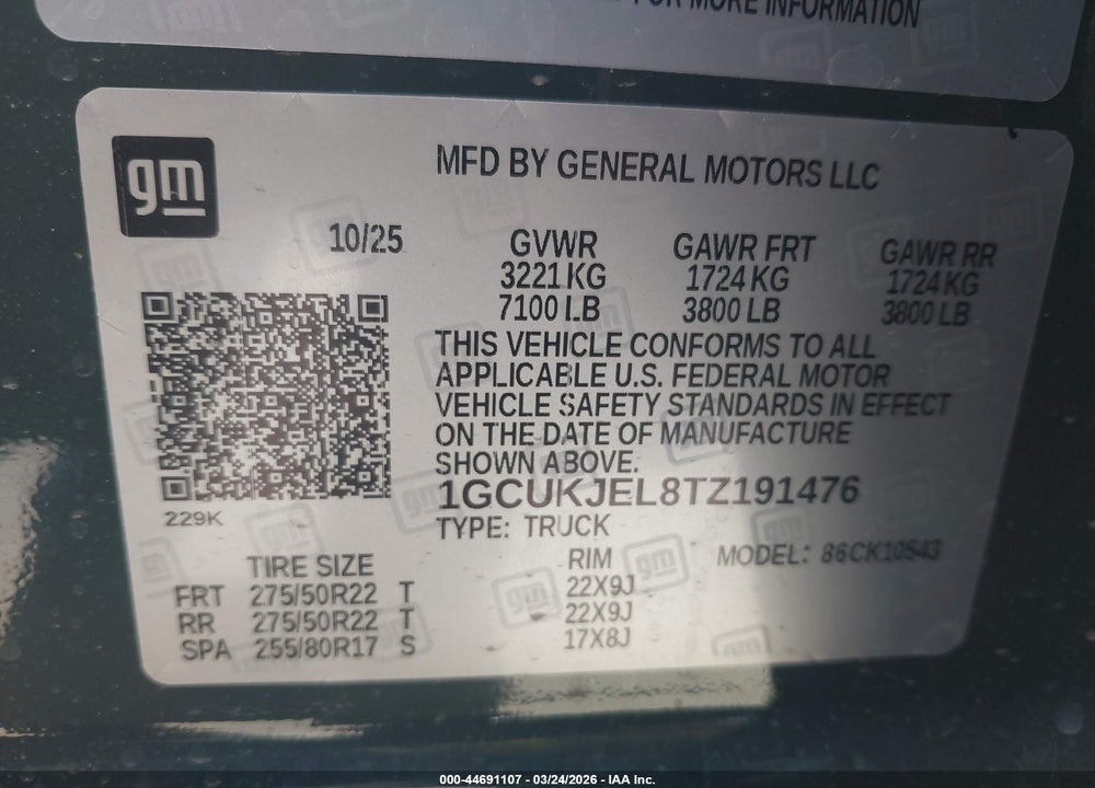 2026 CHEVROLET SILVERADO 1500 4WD  SHORT BED HIGH COUNTRY VIN: 1GCUKJEL8TZ191476
