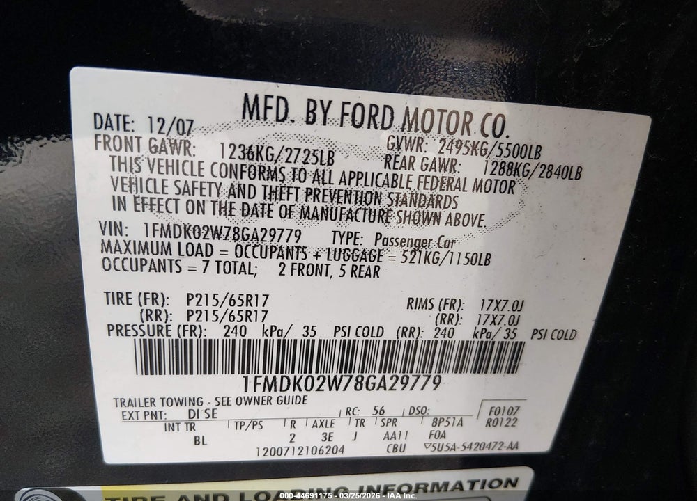 2008 FORD TAURUS X SEL VIN: 1FMDK02W78GA29779