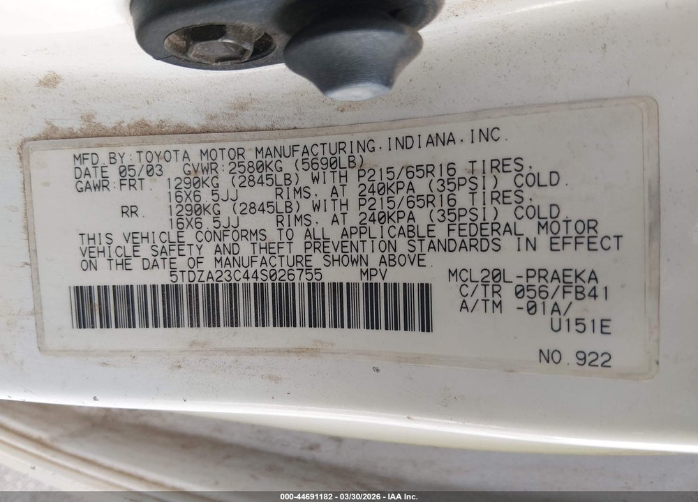 2004 TOYOTA SIENNA LE VIN: 5TDZA23C44S026755