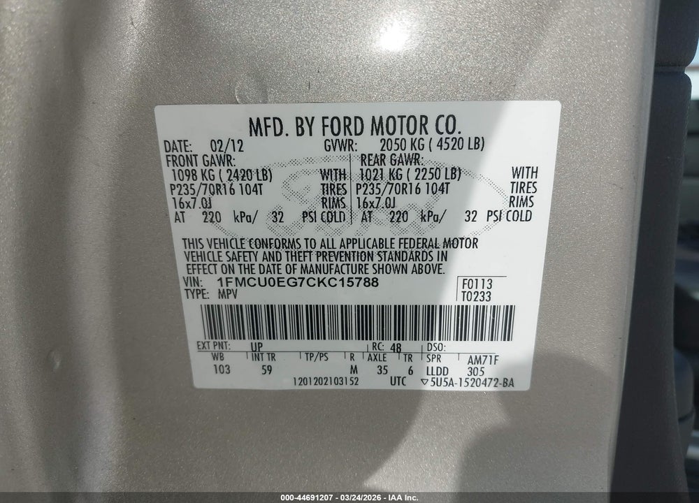 2012 FORD ESCAPE LIMITED VIN: 1FMCU0EG7CKC15788