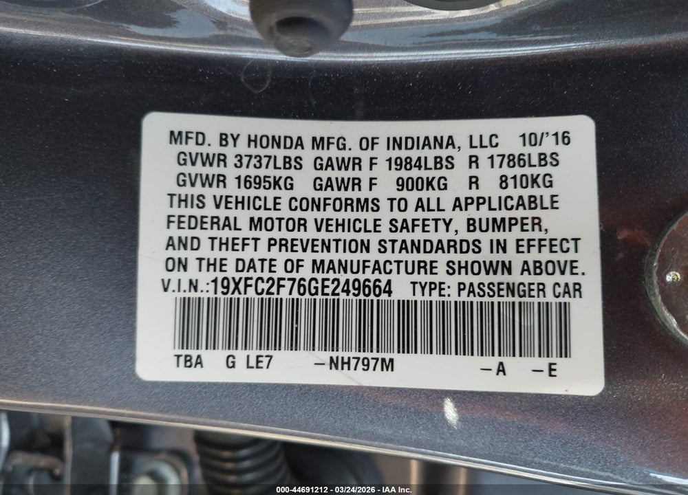 2016 HONDA CIVIC EX VIN: 19XFC2F76GE249664