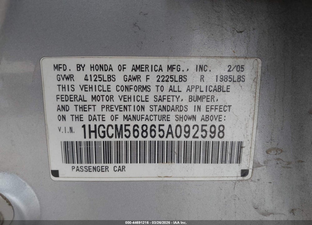 2005 HONDA ACCORD 2.4 EX VIN: 1HGCM56865A092598
