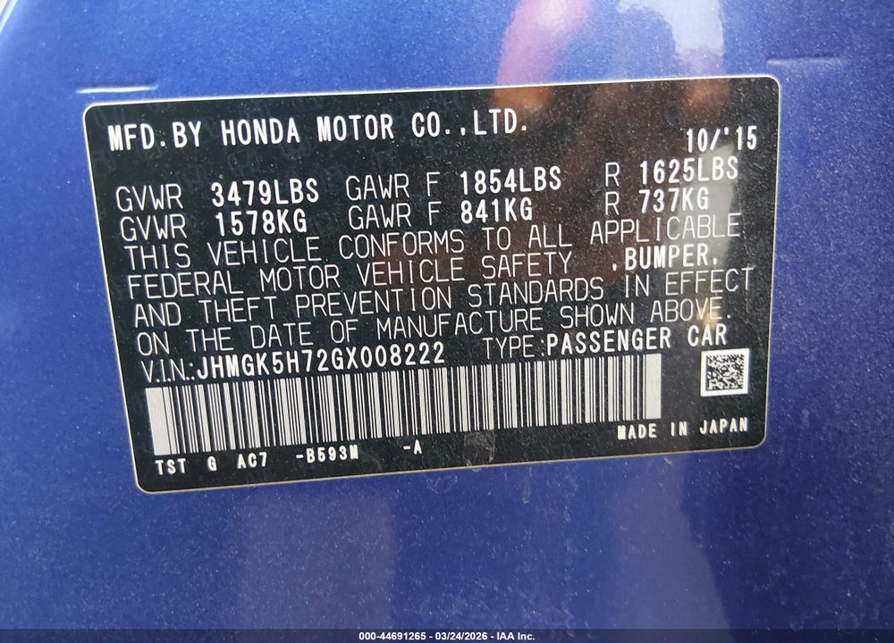 2016 HONDA FIT EX VIN: JHMGK5H72GX008222