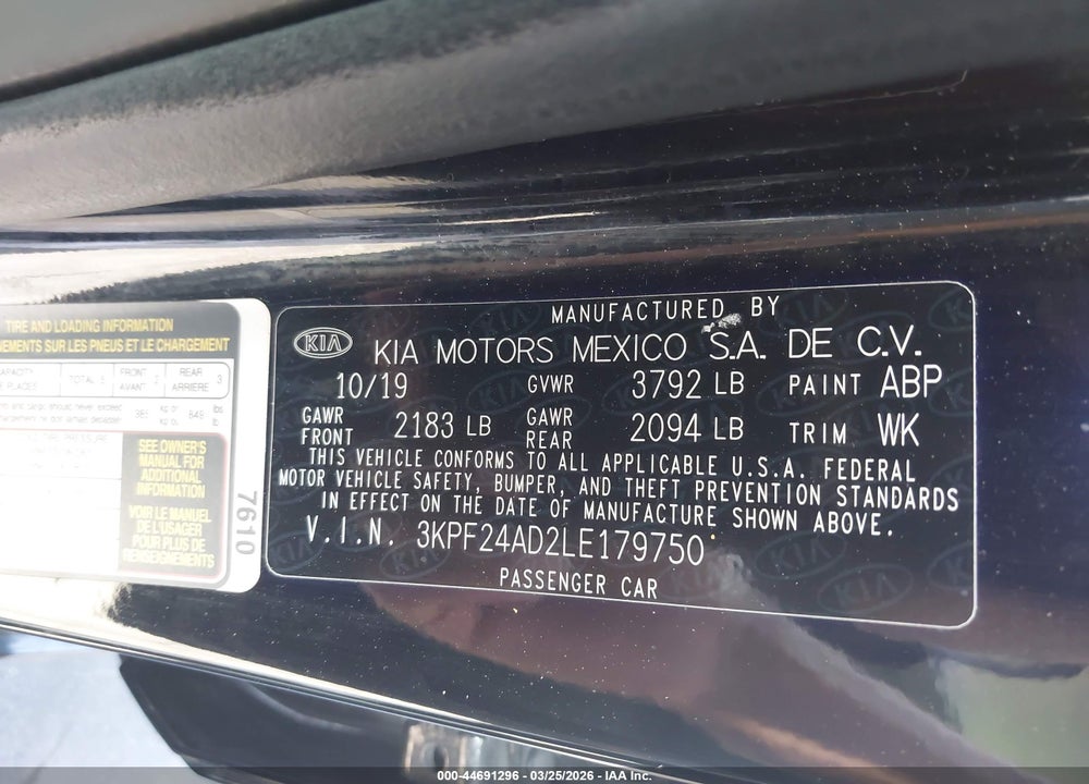 2020 KIA FORTE LXS VIN: 3KPF24AD2LE179750